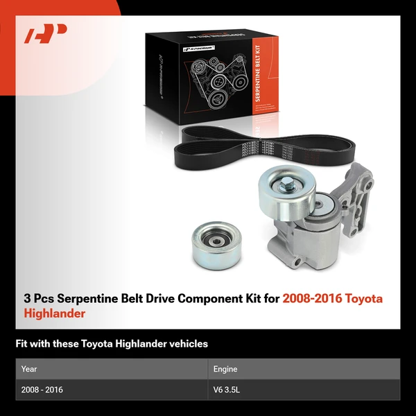3 Pcs Serpentine Belt Drive Component Kit for 2008-2016 Toyota Highlander