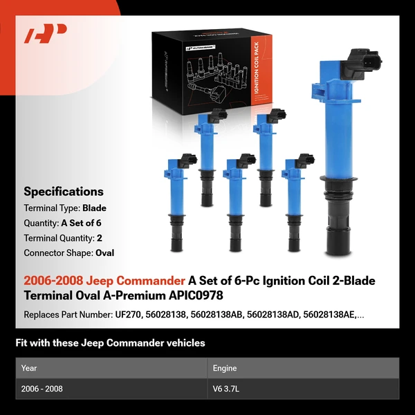 2006-2008 Jeep Commander A Set of 6-Pc Ignition Coil 2-Blade Terminal Oval A-Premium APIC0978