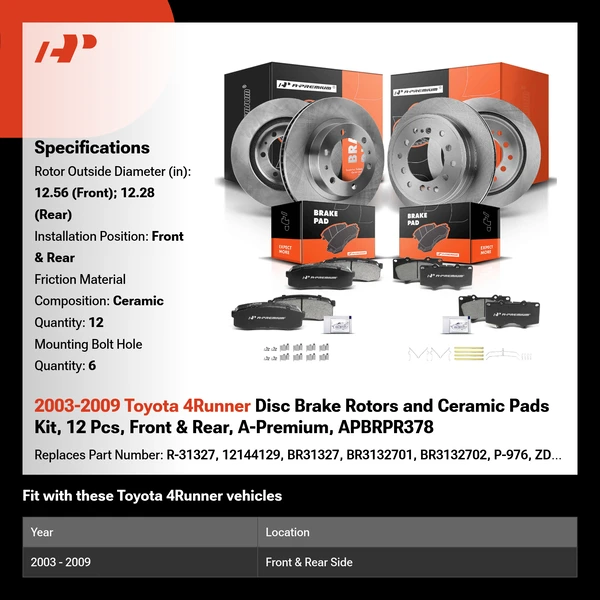 2003-2009 Toyota 4Runner Disc Brake Rotors and Ceramic Pads Kit, 12 Pcs, Front & Rear, A-Premium, APBRPR378