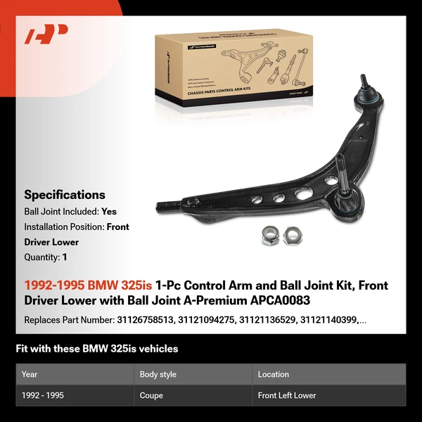 1992-1995 BMW 325is 1-Pc Control Arm and Ball Joint Kit, Front Driver Lower with Ball Joint A-Premium APCA0083