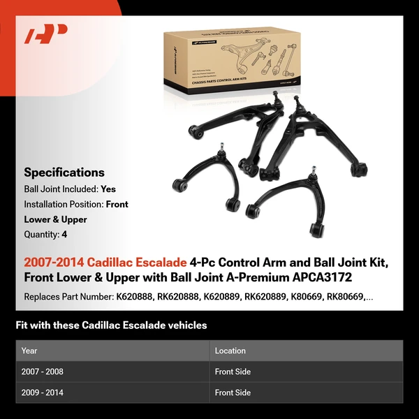 2007-2014 Cadillac Escalade 4-Pc Control Arm and Ball Joint Kit, Front Lower & Upper with Ball Joint A-Premium APCA3172