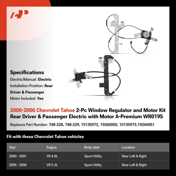 2000-2006 Chevrolet Tahoe 2-Pc Window Regulator and Motor Kit Rear Driver & Passenger Electric with Motor A-Premium WR0195
