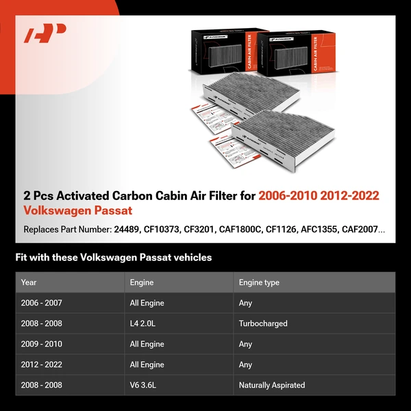 2 Pcs Activated Carbon Cabin Air Filter for 2006-2010 2012-2022 Volkswagen Passat