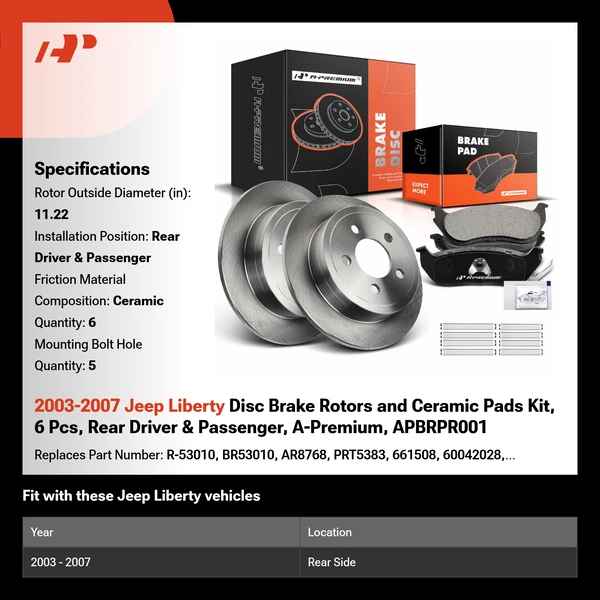 2003-2007 Jeep Liberty Disc Brake Rotors and Ceramic Pads Kit, 6 Pcs, Rear Driver & Passenger, A-Premium, APBRPR001