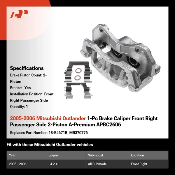 2005-2006 Mitsubishi Outlander 1-Pc Brake Caliper Front Right Passenger Side 2-Piston A-Premium APBC2606