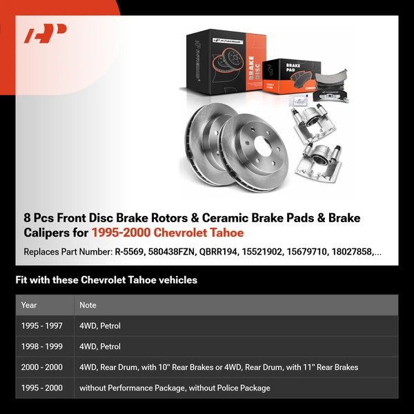 8 Pcs Front Disc Brake Rotors & Ceramic Brake Pads & Brake Calipers for 1995-2000 Chevrolet Tahoe