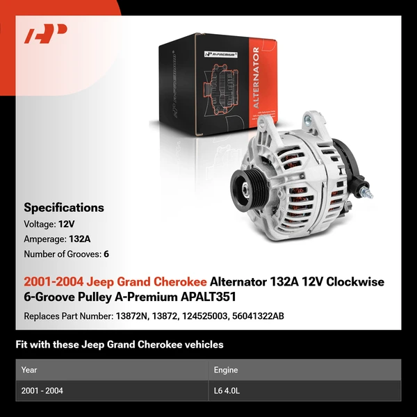 2001-2004 Jeep Grand Cherokee Alternator 132A 12V Clockwise 6-Groove Pulley A-Premium APALT351