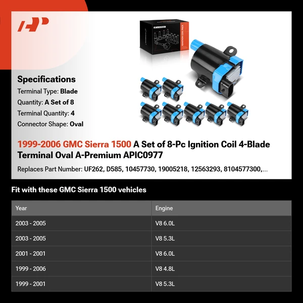 1999-2006 GMC Sierra 1500 A Set of 8-Pc Ignition Coil 4-Blade Terminal Oval A-Premium APIC0977