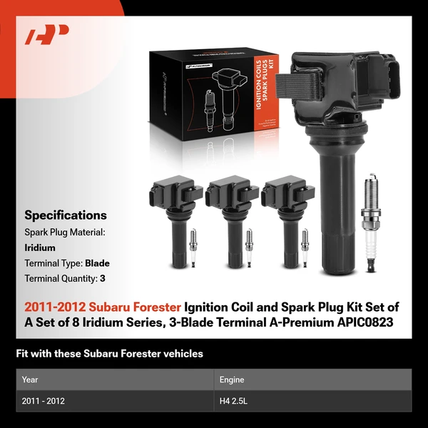 2011-2012 Subaru Forester Ignition Coil and Spark Plug Kit Set of A Set of 8 Iridium Series, 3-Blade Terminal A-Premium APIC0823