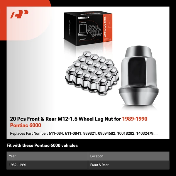 20 Pcs Front & Rear M12-1.5 Wheel Lug Nut for 1989-1990 Pontiac 6000