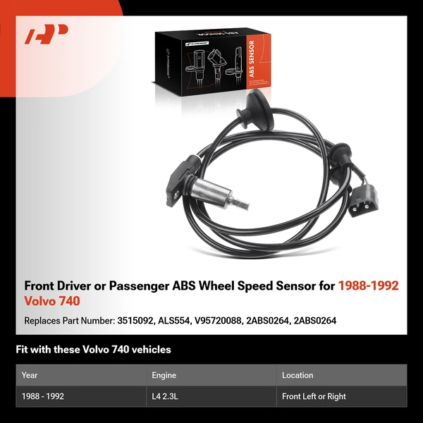 Front Driver or Passenger ABS Wheel Speed Sensor for 1988-1992 Volvo 740