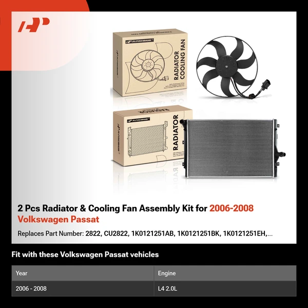 2 Pcs Radiator & Cooling Fan Assembly Kit for 2006-2008 Volkswagen Passat