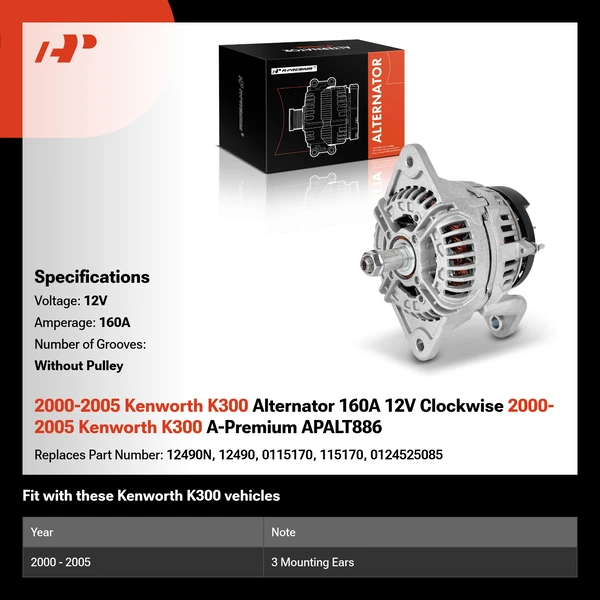 2000-2005 Kenworth K300 Alternator 160A 12V Clockwise 2000-2005 Kenworth K300 A-Premium APALT886