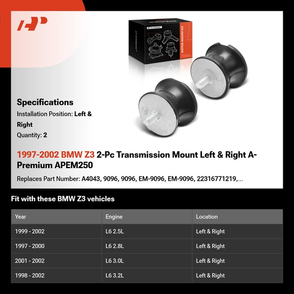 1997-2002 BMW Z3 2-Pc Transmission Mount Left & Right A-Premium APEM250