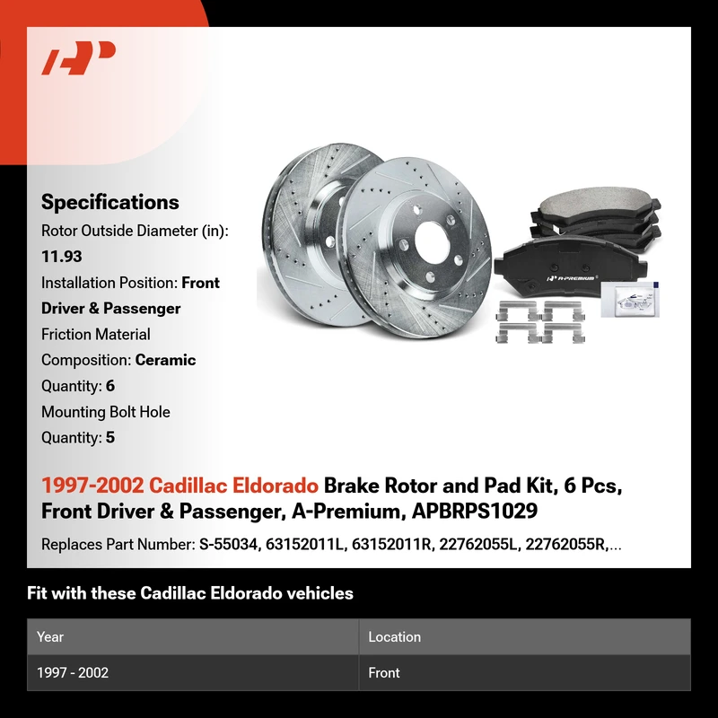 1997-2002 Cadillac Eldorado Brake Rotor and Pad Kit, 6 Pcs, Front Driver & Passenger, A-Premium, APBRPS1029