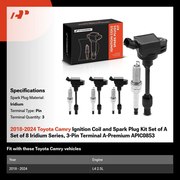 2018-2024 Toyota Camry Ignition Coil and Spark Plug Kit Set of A Set of 8 Iridium Series, 3-Pin Terminal A-Premium APIC0853