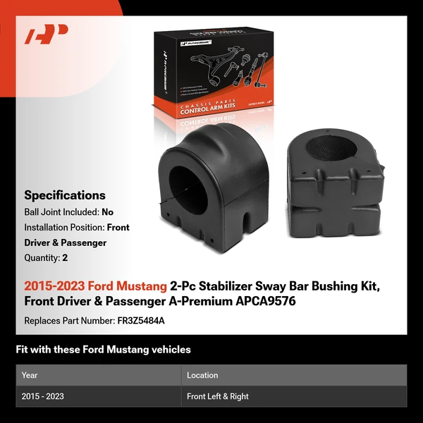 2015-2023 Ford Mustang 2-Pc Stabilizer Sway Bar Bushing Kit, Front Driver & Passenger A-Premium APCA9576