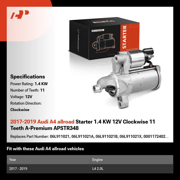 2017-2019 Audi A4 allroad Starter 1.4 KW 12V Clockwise 11 Teeth A-Premium APSTR348