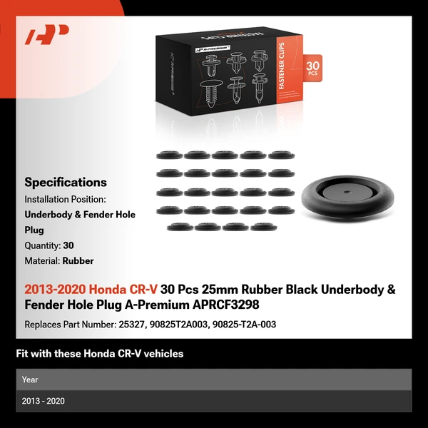 2013-2020 Honda CR-V 30 Pcs 25mm Rubber Black Underbody & Fender Hole Plug A-Premium APRCF3298