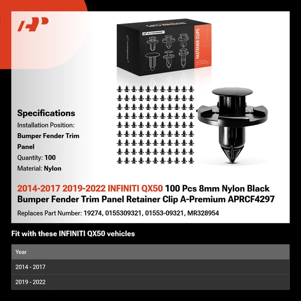 2014-2017 2019-2022 INFINITI QX50 100 Pcs 8mm Nylon Black Bumper Fender Trim Panel Retainer Clip A-Premium APRCF4297