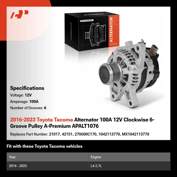 2016-2023 Toyota Tacoma Alternator 100A 12V Clockwise 6-Groove Pulley A-Premium APALT1076