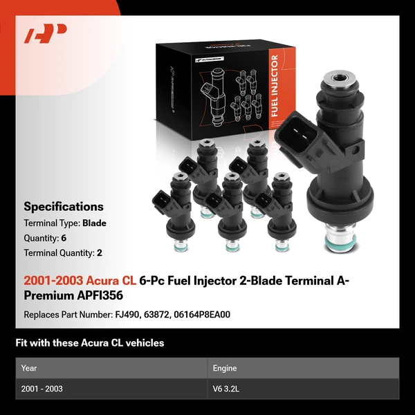 2001-2003 Acura CL 6-Pc Fuel Injector 2-Blade Terminal A-Premium APFI356