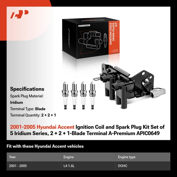 2001-2005 Hyundai Accent Ignition Coil and Spark Plug Kit Set of 5 Iridium Series, 2 + 2 + 1-Blade Terminal A-Premium APIC0649