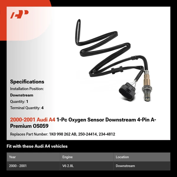 2000-2001 Audi A4 1-Pc Oxygen Sensor Downstream 4-Pin A-Premium OS059