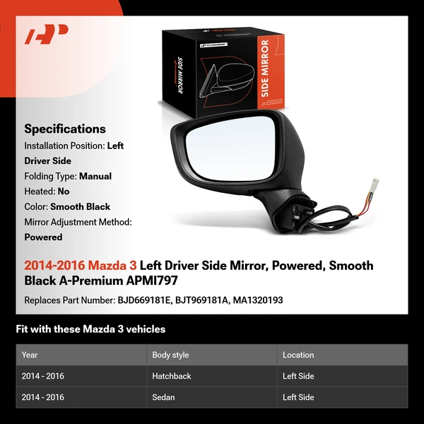 2014-2016 Mazda 3 Left Driver Side Mirror, Power Adjustment, Manual Folding, Smooth Black A-Premium APMI797