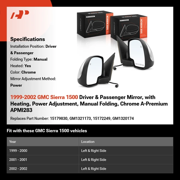 1999-2002 GMC Sierra 1500 Driver & Passenger Mirror, with Heating, Power Adjustment, Manual Folding, Chrome A-Premium APMI283