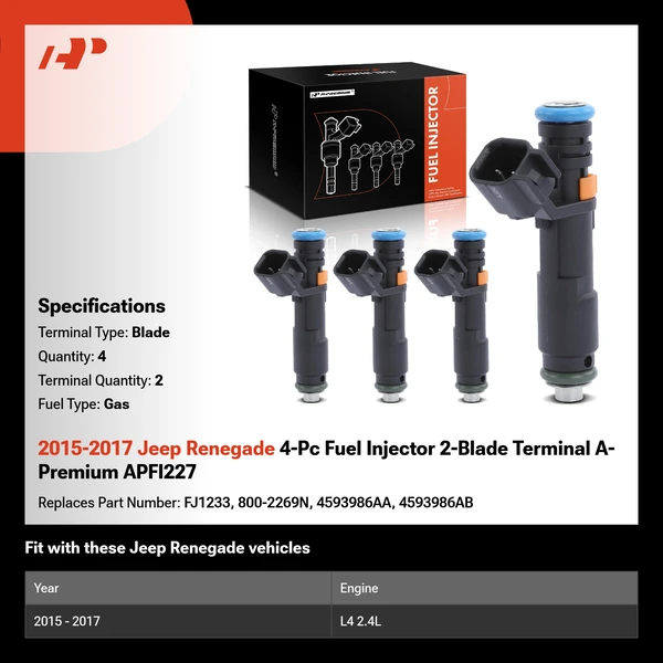 2015-2017 Jeep Renegade 4-Pc Fuel Injector 2-Blade Terminal A-Premium APFI227