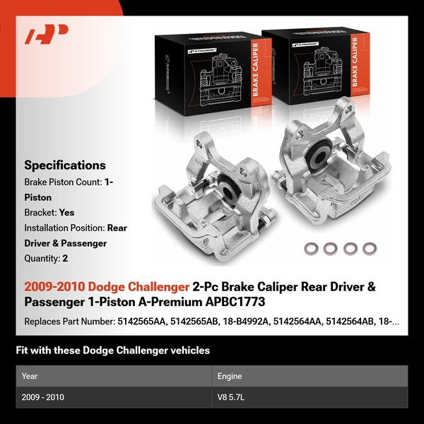 2009-2010 Dodge Challenger 2-Pc Brake Caliper Rear Driver & Passenger 1-Piston A-Premium APBC1773