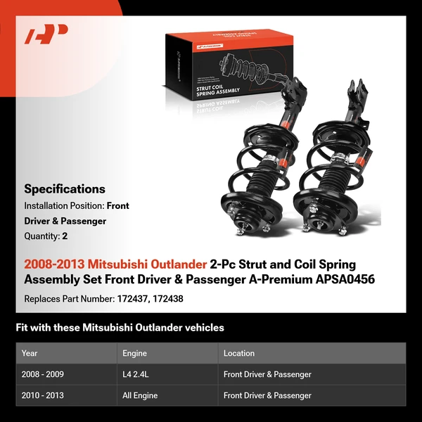 2008-2013 Mitsubishi Outlander 2-Pc Strut and Coil Spring Assembly Set Front Driver & Passenger A-Premium APSA0456