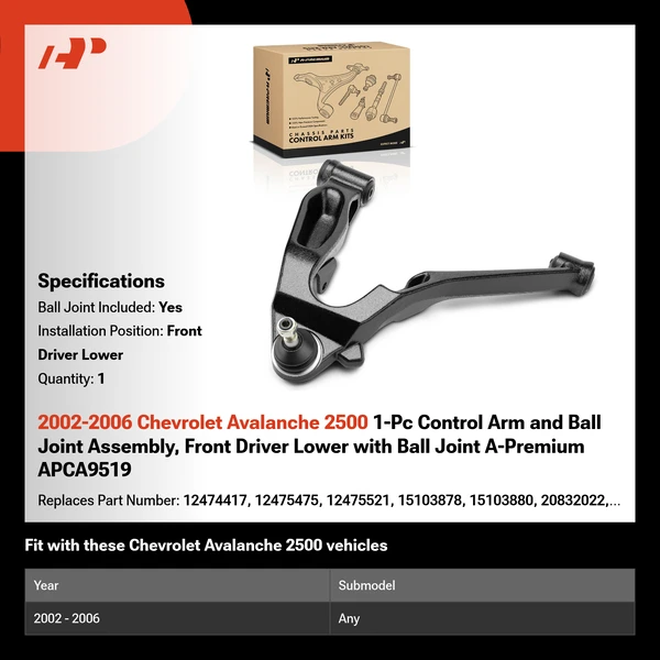 2002-2006 Chevrolet Avalanche 2500 1-Pc Control Arm and Ball Joint Assembly, Front Driver Lower with Ball Joint A-Premium APCA9519
