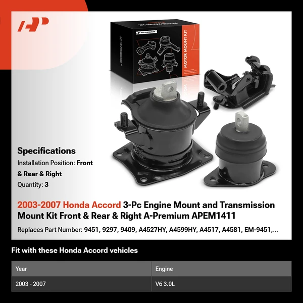 2003-2007 Honda Accord 3-Pc Engine Mount and Transmission Mount Kit Front & Rear & Right A-Premium APEM1411