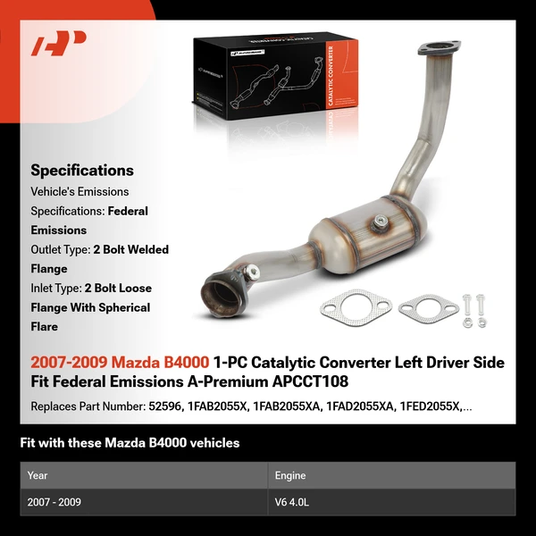 2007-2009 Mazda B4000 1-PC Catalytic Converter Left Driver Side Fit Federal Emissions A-Premium APCCT108