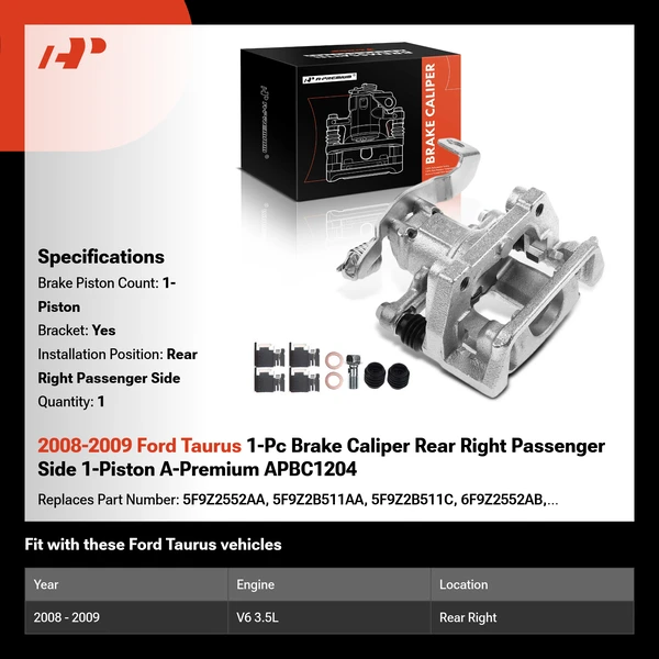 2008-2009 Ford Taurus 1-Pc Brake Caliper Rear Right Passenger Side 1-Piston A-Premium APBC1204
