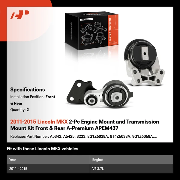 2011-2015 Lincoln MKX 2-Pc Engine Mount and Transmission Mount Kit Front & Rear A-Premium APEM437
