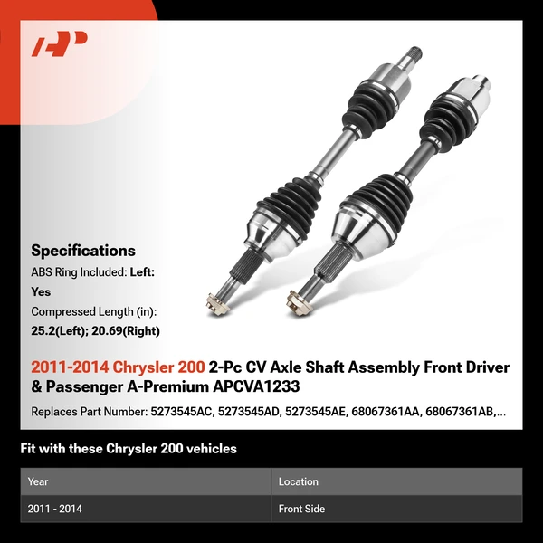 2011-2014 Chrysler 200 2-Pc CV Axle Shaft Assembly Front Driver & Passenger A-Premium APCVA1233