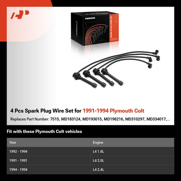 4 Pcs Spark Plug Wire Set for 1991-1994 Plymouth Colt