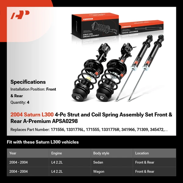 2004 Saturn L300 4-Pc Strut and Coil Spring Assembly Set Front & Rear A-Premium APSA0298