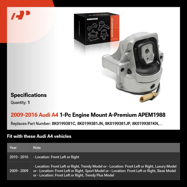 2009-2016 Audi A4 1-Pc Engine Mount A-Premium APEM1988