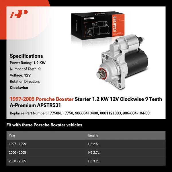 1997-2005 Porsche Boxster Starter 1.2 KW 12V Clockwise 9 Teeth A-Premium APSTR531