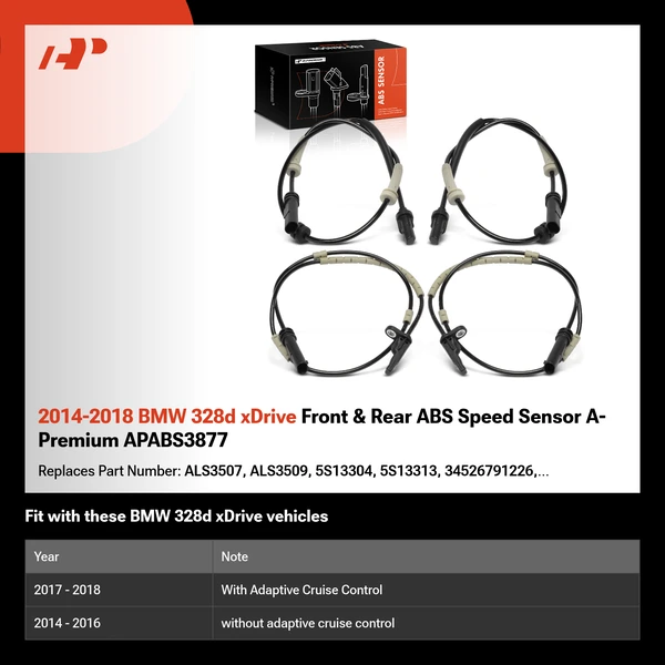 2014-2018 BMW 328d xDrive Front & Rear ABS Speed Sensor A-Premium APABS3877