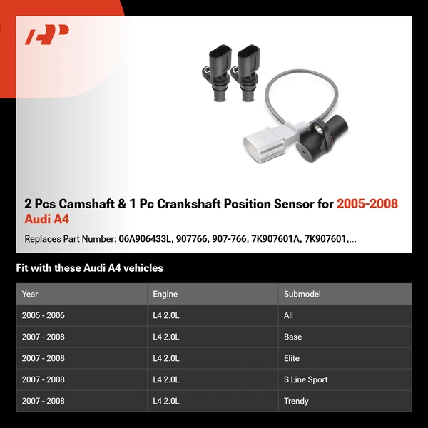 2 Pcs Camshaft & 1 Pc Crankshaft Position Sensor for 2005-2008 Audi A4