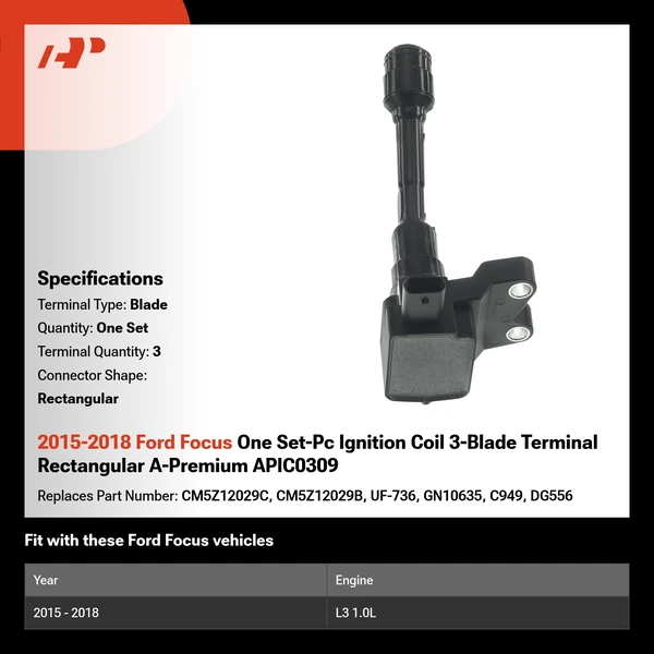 2015-2018 Ford Focus One Set-Pc Ignition Coil 3-Blade Terminal Rectangular A-Premium APIC0309