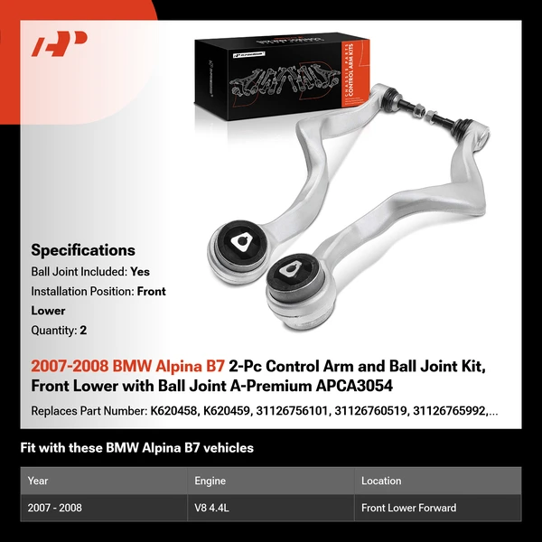 2007-2008 BMW Alpina B7 2-Pc Control Arm and Ball Joint Kit, Front Lower with Ball Joint A-Premium APCA3054