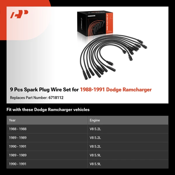 9 Pcs Spark Plug Wire Set for 1988-1991 Dodge Ramcharger