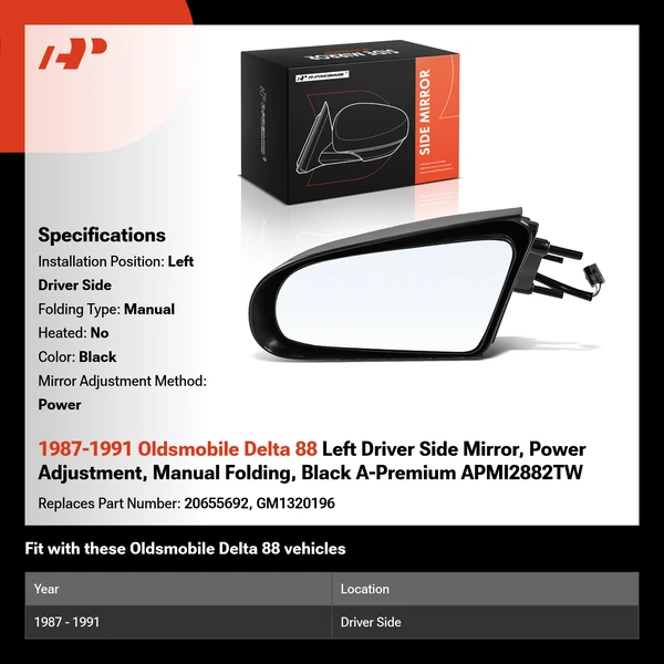 1987-1991 Oldsmobile Delta 88 Left Driver Side Mirror, Power Adjustment, Manual Folding, Black A-Premium APMI2882TW