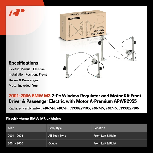 2001-2006 BMW M3 2-Pc Window Regulator and Motor Kit Front Driver & Passenger Electric with Motor A-Premium APWR2955